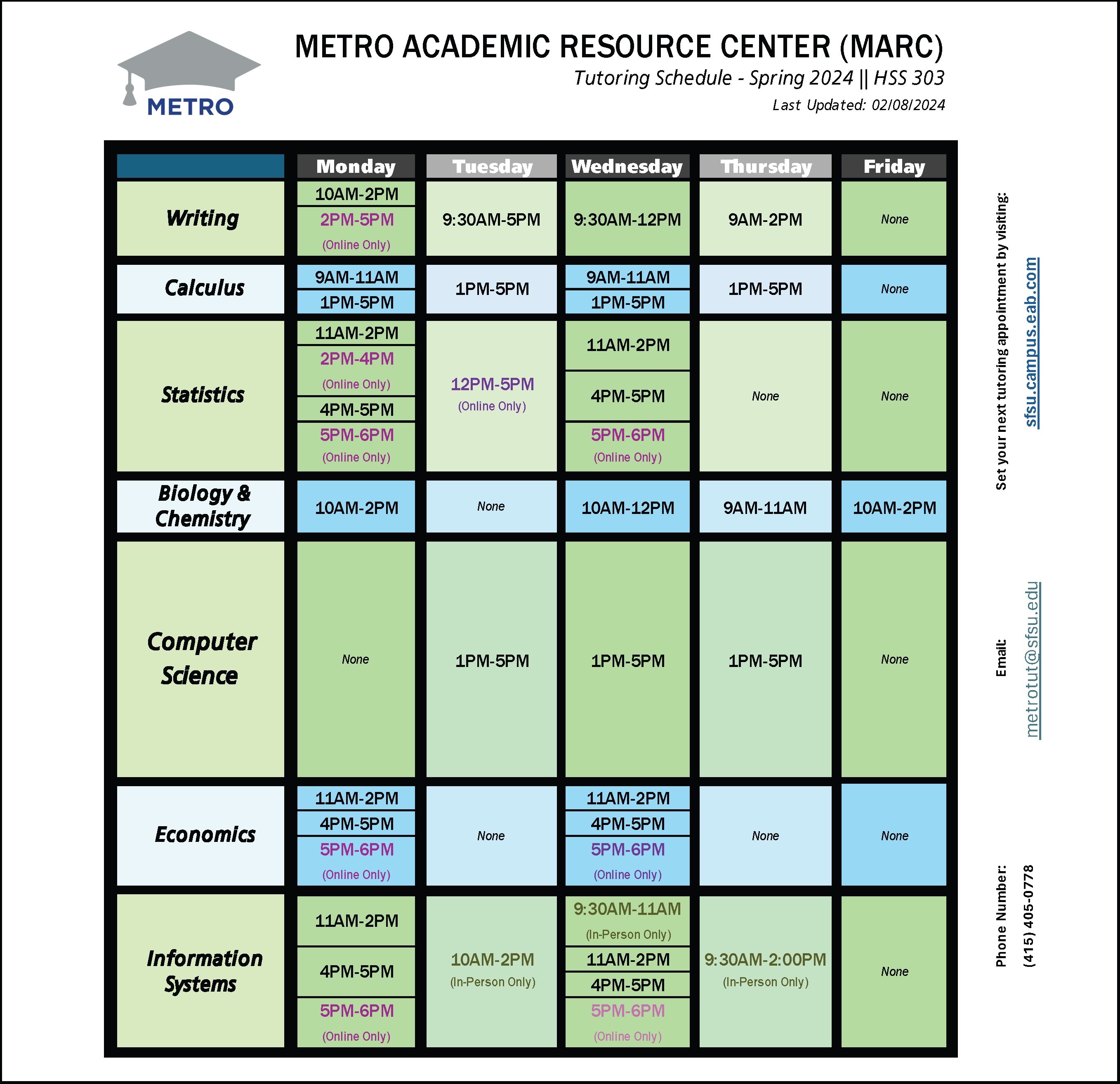 MARC Tutoring Schedule by Subject